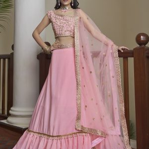 A Line Lehenga Choli Mirror Silk in Pink