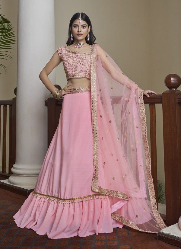 A Line Lehenga Choli Mirror Silk in Pink