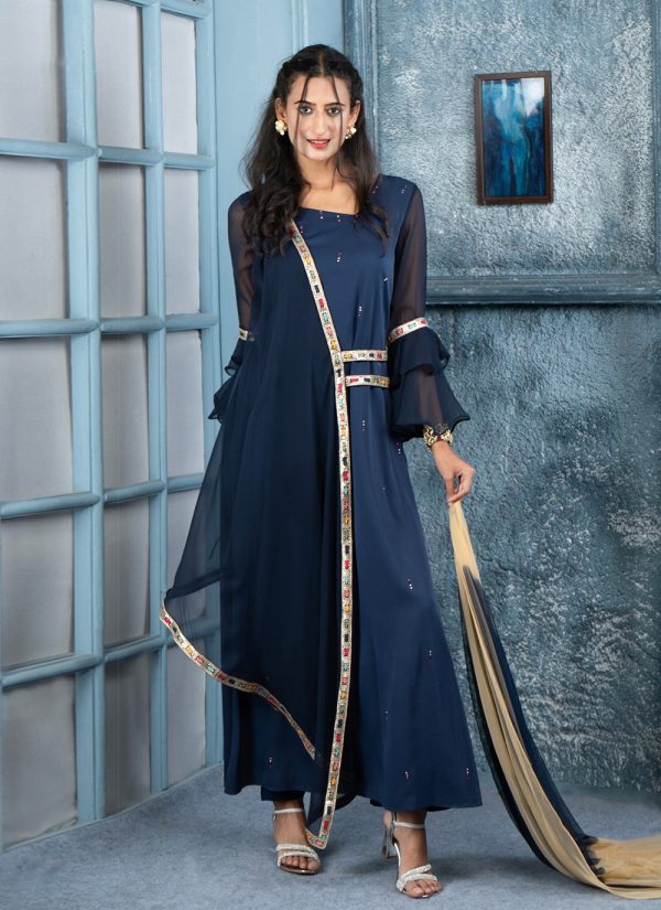 Aesthetic Blue Georgette Pant Style Suit with Patch Border, Embroidered and Swarovski Work
