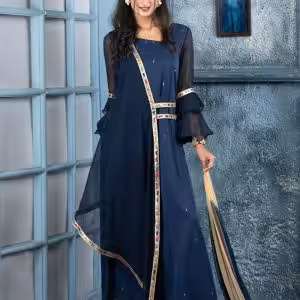 Aesthetic Blue Georgette Pant Style Suit with Patch Border, Embroidered and Swarovski Work