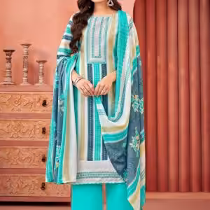 Aqua Blue Cotton Print Work Salwar Suit