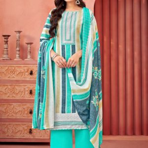 Aqua Blue Cotton Print Work Salwar Suit