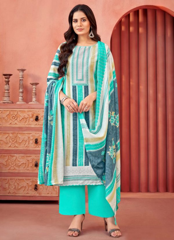 Aqua Blue Cotton Print Work Salwar Suit