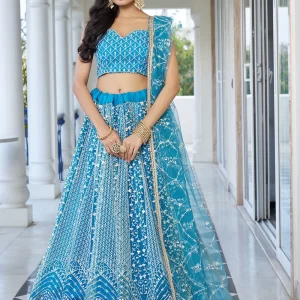 Aqua Blue Net Lehenga Choli with Embroidered, Sequins and Thread Work
