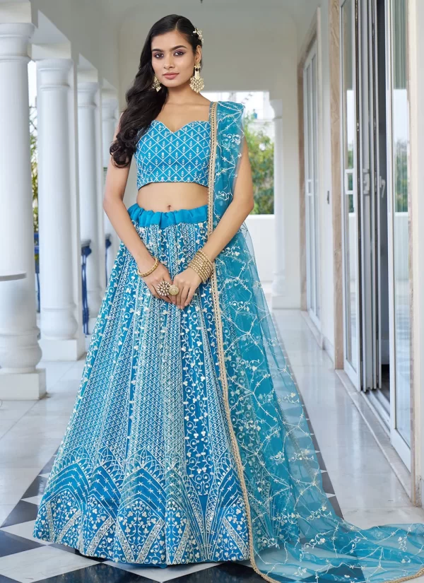Aqua Blue Net Lehenga Choli with Embroidered, Sequins and Thread Work