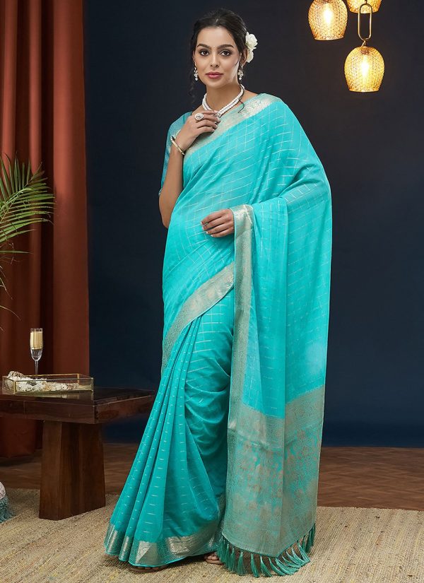 Aqua Blue Pure Georgette Zari Work Classic Saree for Ceremonial