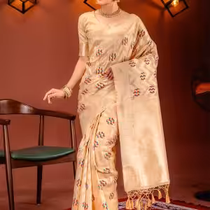 Aristocratic Beige Kanjivaram Silk Designer Sari with Zari Work