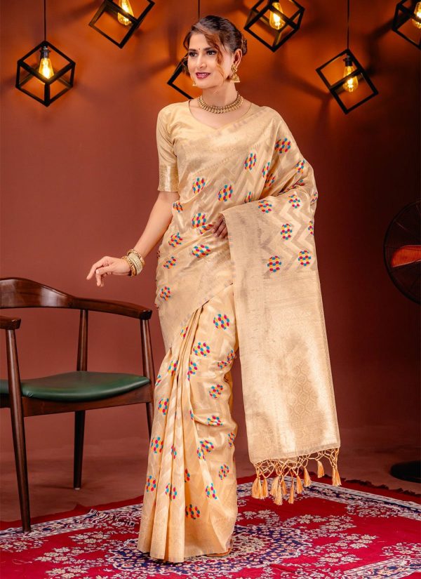 Aristocratic Beige Kanjivaram Silk Designer Sari with Zari Work