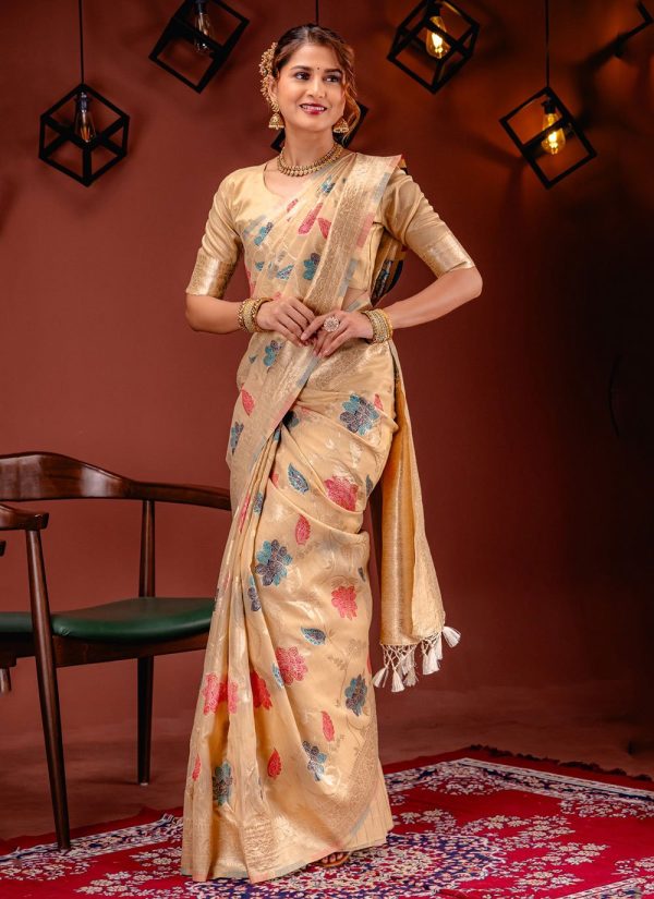 Beige Banarasi Silk Classic Sari with Zari Work for Women