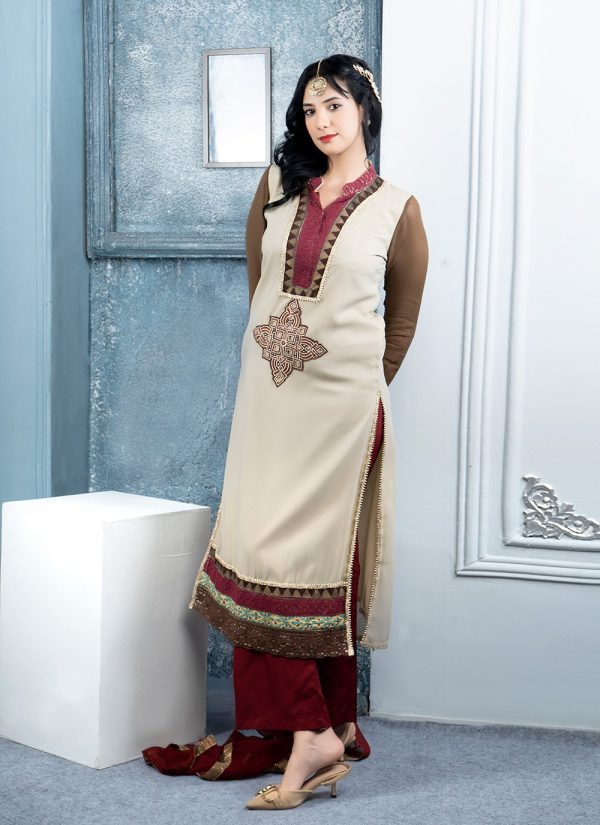 Beige Embroidered, Moti, Resham and Swarovski Work Georgette Palazzo Salwar Suit