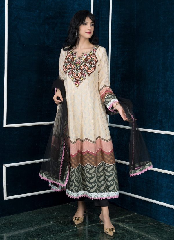 Beige Handloom Silk Embroidered, Gota and Resham Work Pant Style Suit for Ceremonial