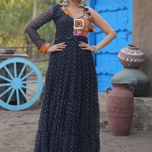 Black Faux Georgette Mirror, Patch Border and Print Work  Designer Gown for Women