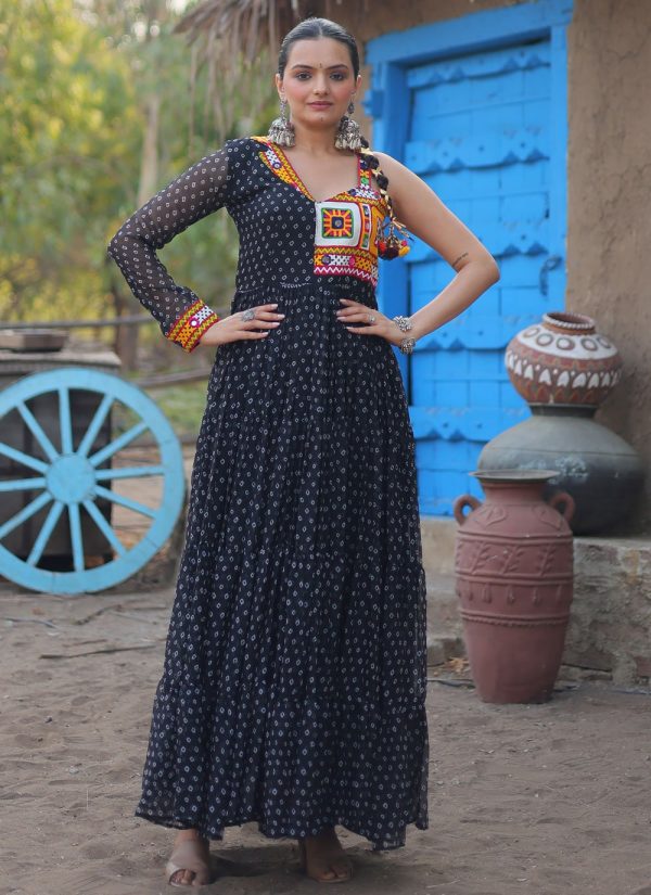 Black Faux Georgette Mirror, Patch Border and Print Work  Designer Gown for Women