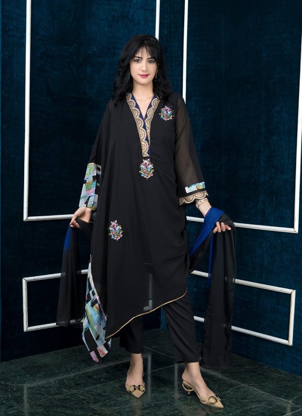 Black Georgette Digital Print Work Pant Style Suit for Ceremonial