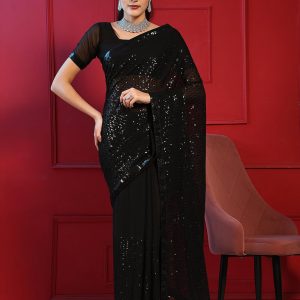 Black Georgette Embroidered and Sequins Work Traditional Saree for Ceremonial