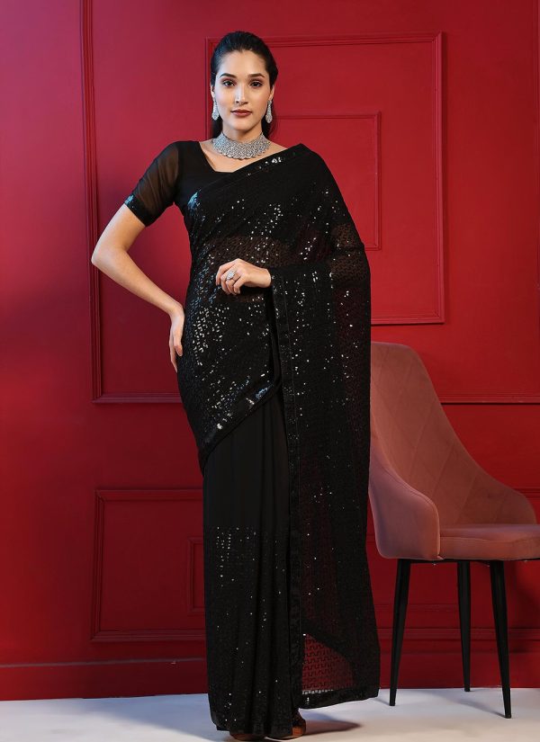 Black Georgette Embroidered and Sequins Work Traditional Saree for Ceremonial