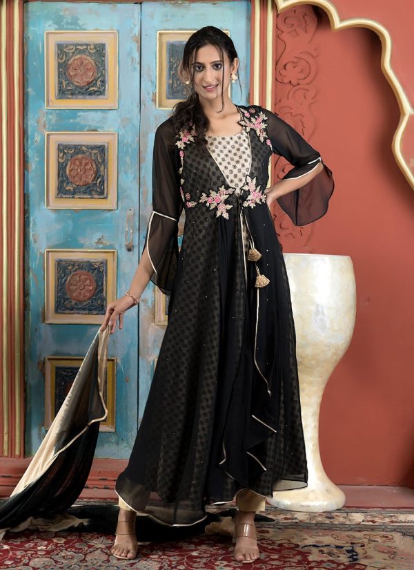 Black Georgette Pant Style Suit with Gota and Hand Work