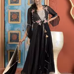 Black Georgette Pant Style Suit with Gota and Hand Work