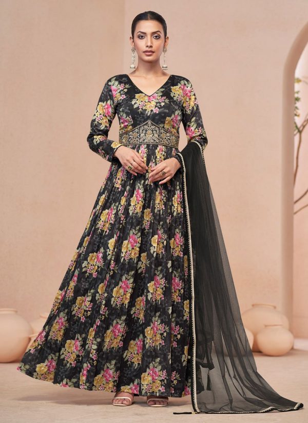 Black Net Designer Gown with Hand and Print Work