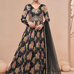 Black Net Designer Gown with Hand and Print Work