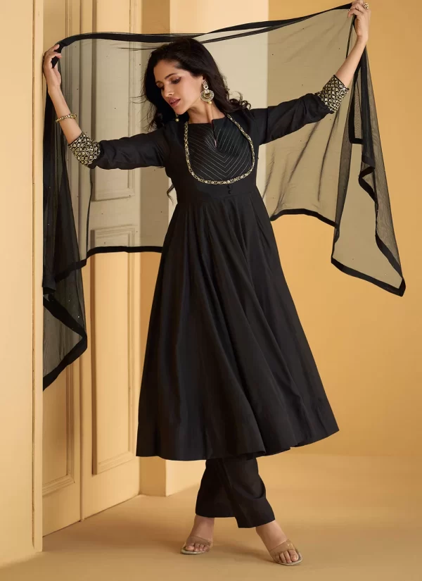 Black Pure Silk Salwar Suit with Embroidered Work for Women