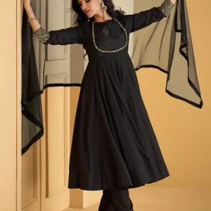Black Pure Silk Salwar Suit with Embroidered Work for Women