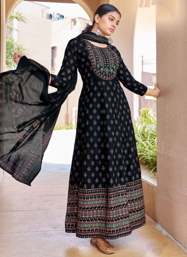 Black Rayon Foil Print Work  Designer Gown for Ceremonial