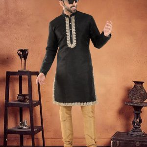 Black Silk Kurta Pyjama with Lace Work