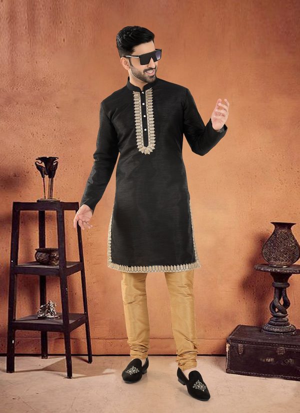 Black Silk Kurta Pyjama with Lace Work