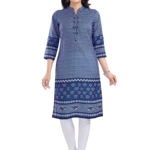 Blended Cotton Digital Print Blue Designer Kurti