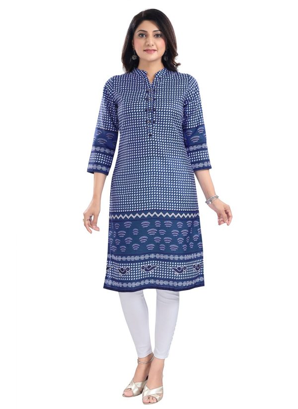Blended Cotton Digital Print Blue Designer Kurti