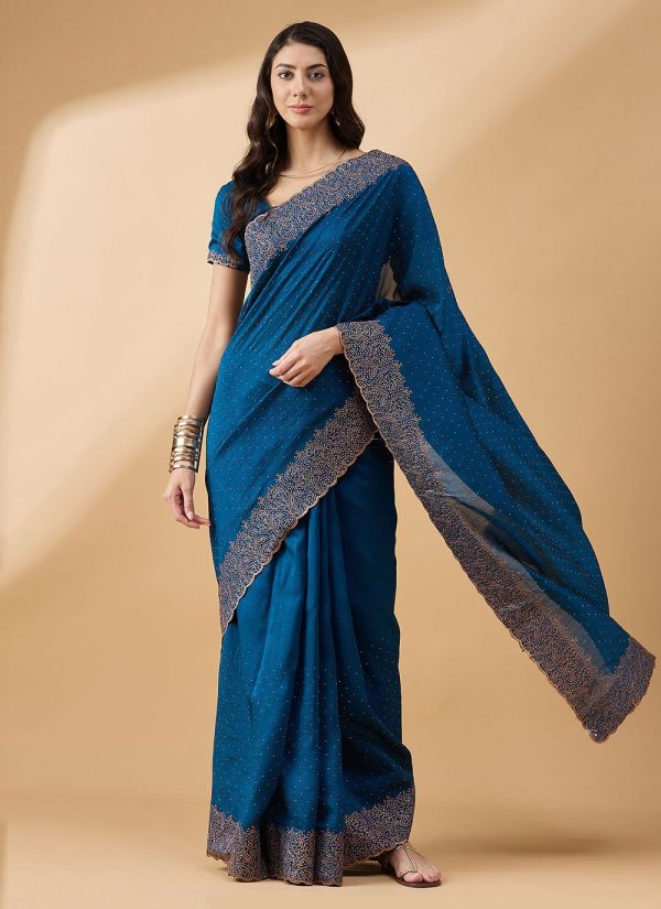 Blue Art Silk Stone Work Classic Saree for Women
