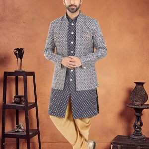 Blue Cotton Embroidered, Sequins and Thread Work Sherwani Mens Wear for Ceremonial