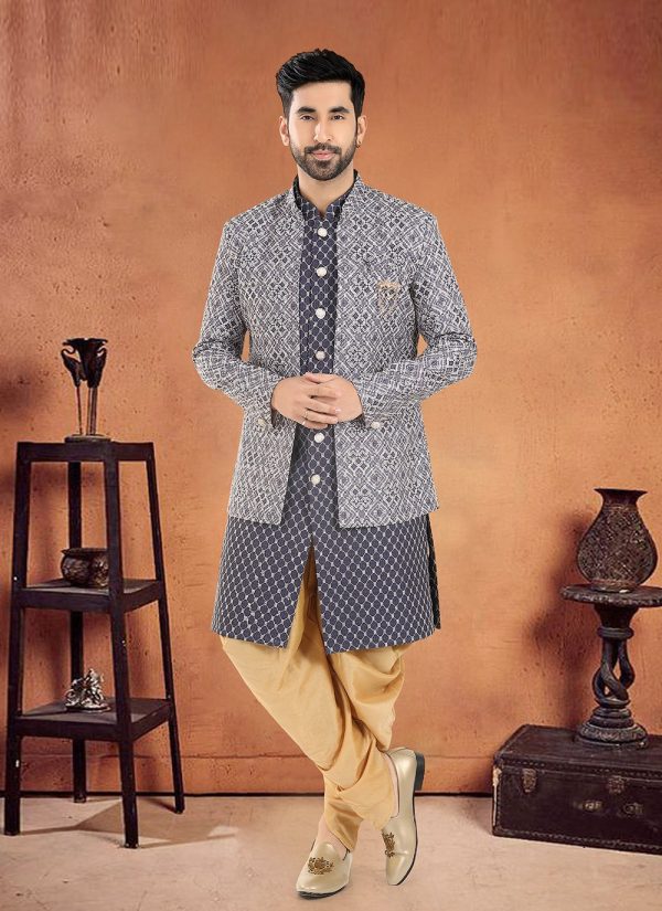 Blue Cotton Embroidered, Sequins and Thread Work Sherwani Mens Wear for Ceremonial