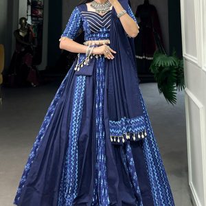 Blue Cotton Lace, Plain and Print Work Readymade Lehenga Choli