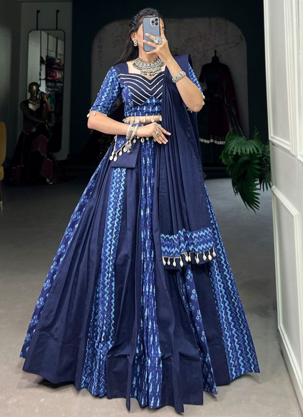 Blue Cotton Lace, Plain and Print Work Readymade Lehenga Choli