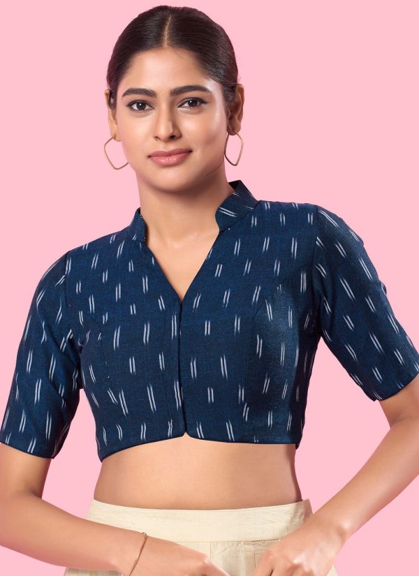 Blue Cotton Print Work Designer Blouse for Women