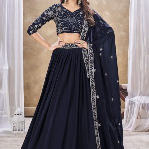 Blue Faux Georgette Lehenga Choli In Plain
