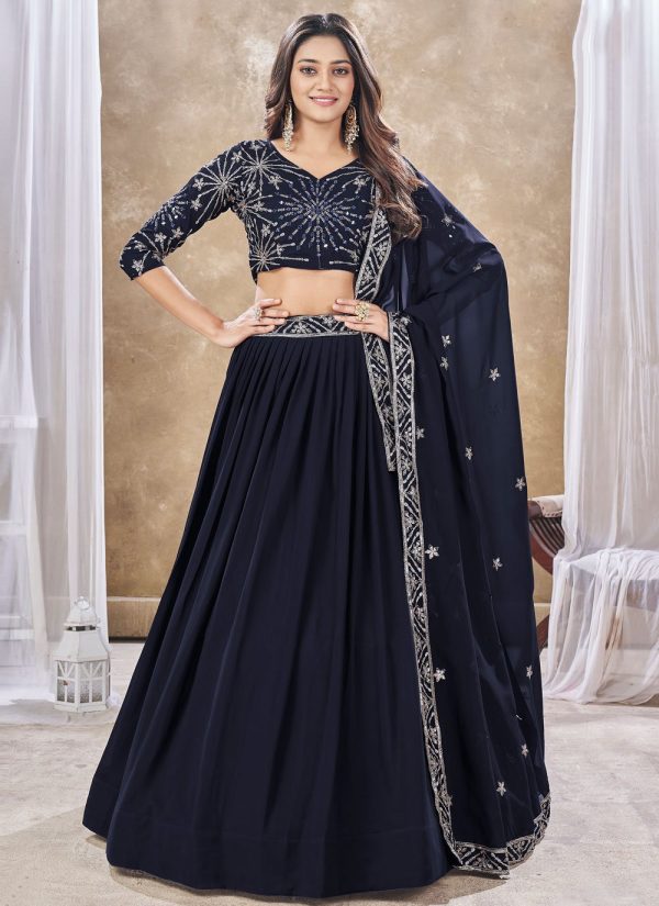 Blue Faux Georgette Lehenga Choli In Plain
