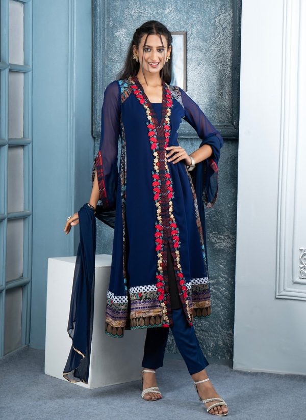Blue Georgette Embroidered and Hand Work Pant Style Suit