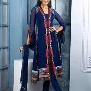 Blue Georgette Embroidered and Hand Work Pant Style Suit
