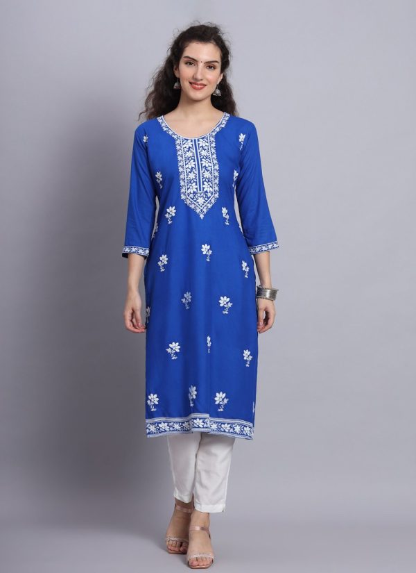 Blue Rayon Casual Kurti with Chikankari and Embroidered Work for Women