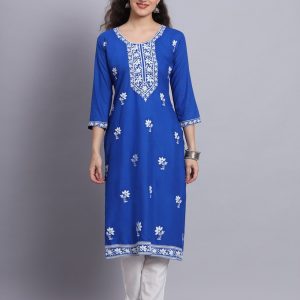 Blue Rayon Casual Kurti with Chikankari and Embroidered Work for Women