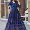 Blue Rayon Print Work Designer Gown
