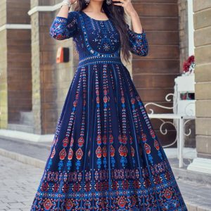 Blue Rayon Print Work Designer Gown