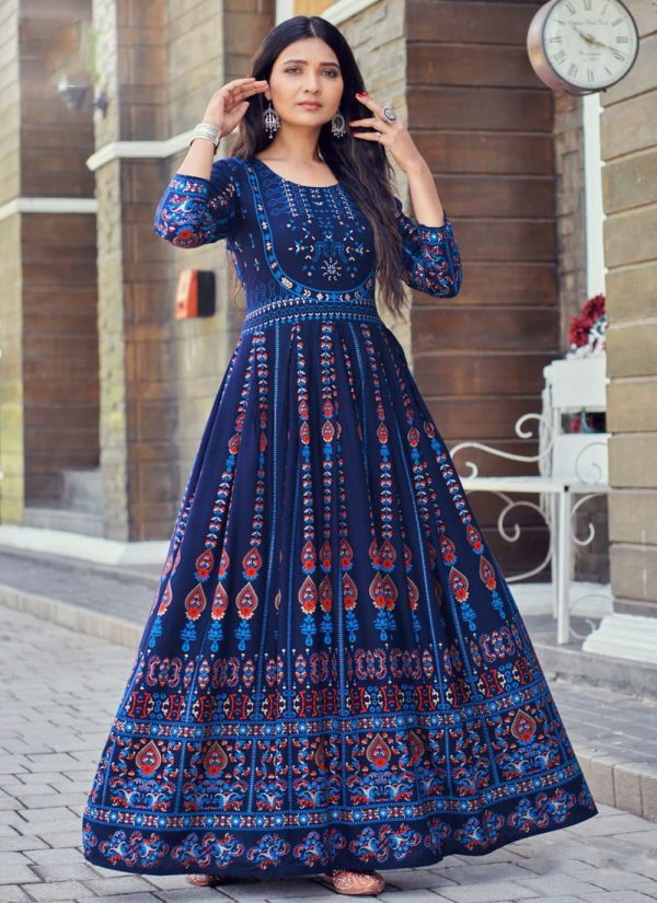 Blue Rayon Print Work Designer Gown