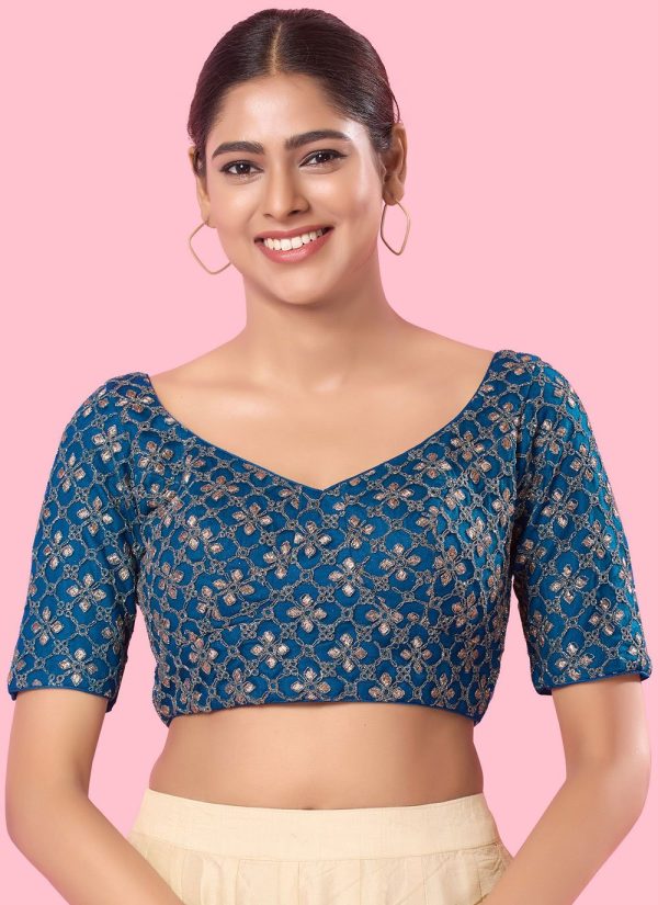 Blue Silk Blouse with Embroidered Work for Women