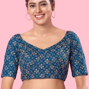 Blue Silk Blouse with Embroidered Work for Women