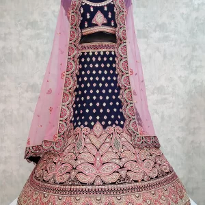 Blue Velvet Lehenga Choli with Embroidered Work for Women