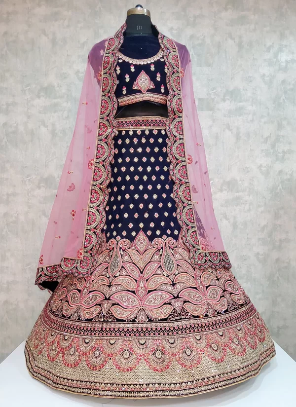 Blue Velvet Lehenga Choli with Embroidered Work for Women